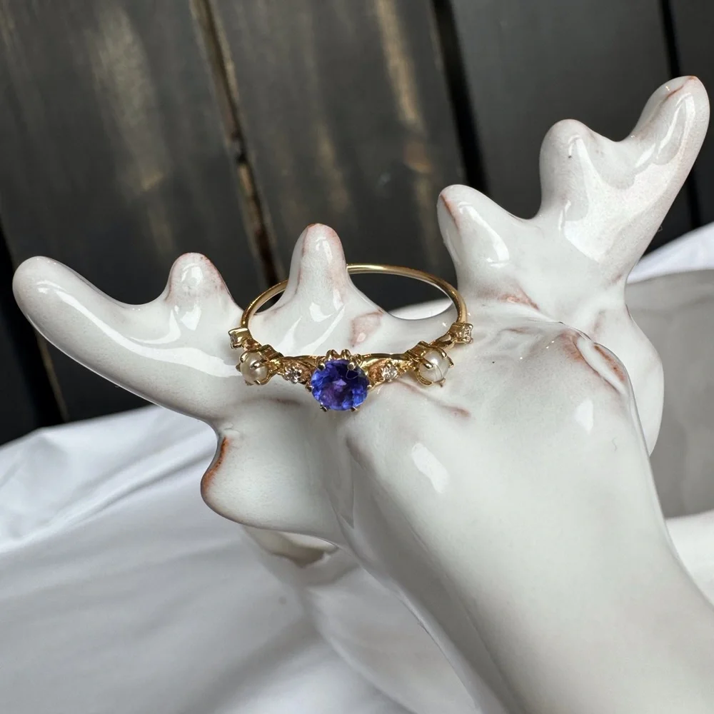 14KYG Tanzanite Diamonds Pearls Ring